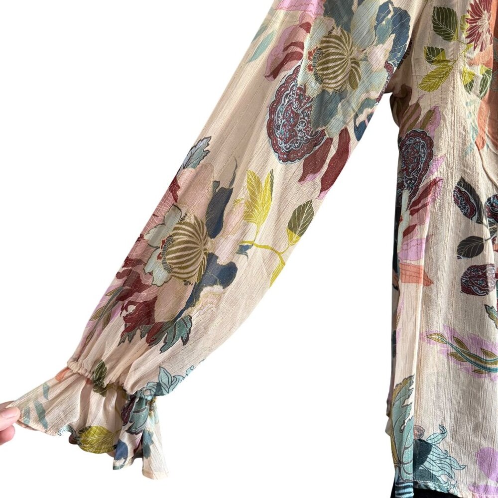 Soft Surroundings Floral Tunic Top M Metallic Threads Ruffles Tassels - Picture 3 of 9